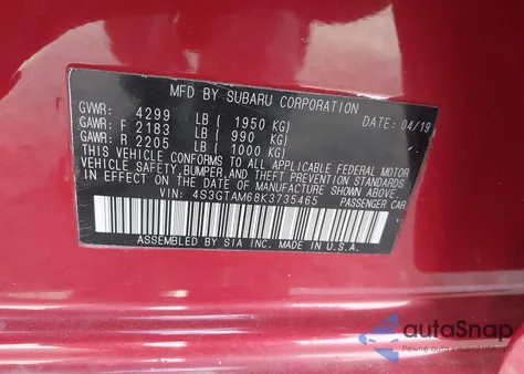 2019 Subaru Impreza 2.0I Sport z USA, uszkodzony, nr VIN 4S3GTAM68K3735465